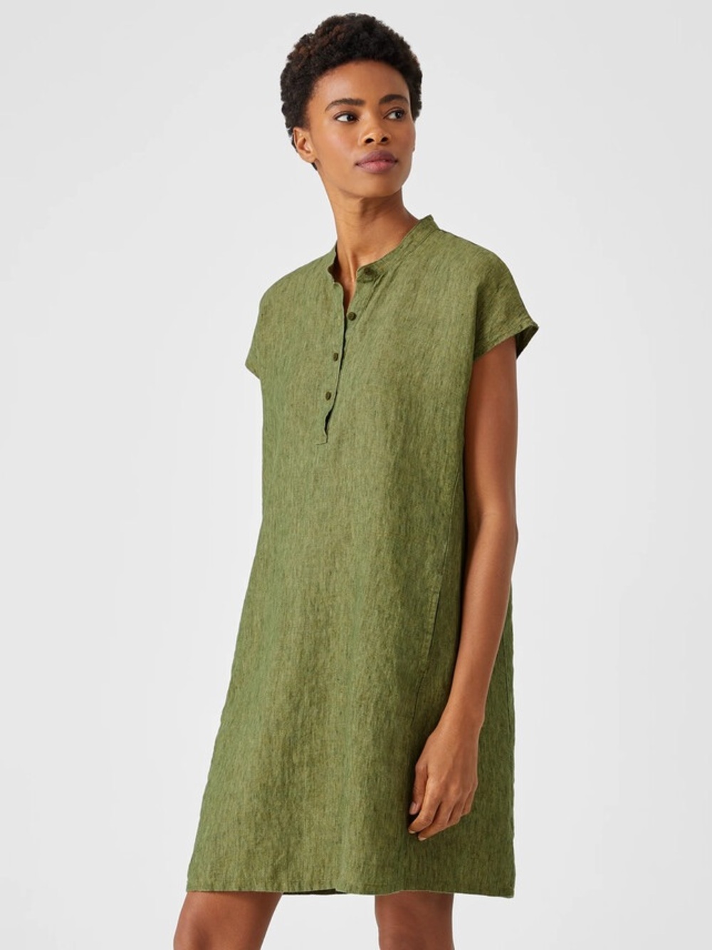 Eileen Fisher Washed Organic Linen Delave Shirt Dress Tunic Coriander Green Sz L
